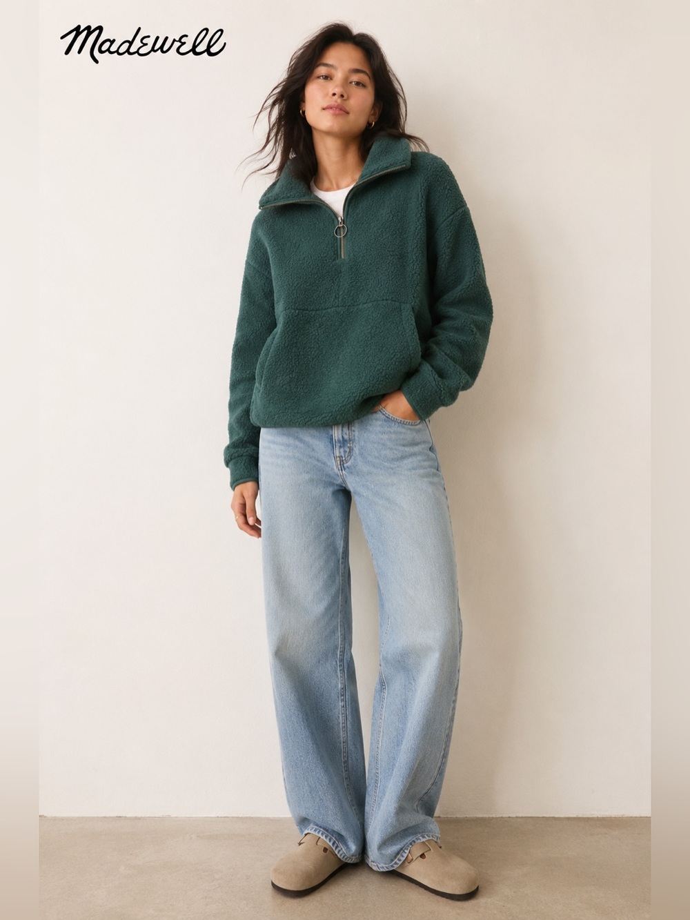 Madewell Sherpa Half-Zip Pullover Jacket Green Size L Cozy Fleece